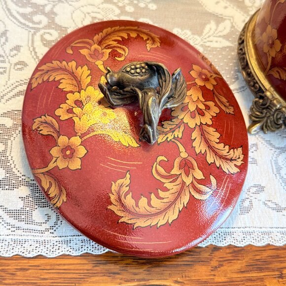 Large Vintage Porcelain and Brass Oval Trinket Box in Rust and Gold - Picture 8 of 17